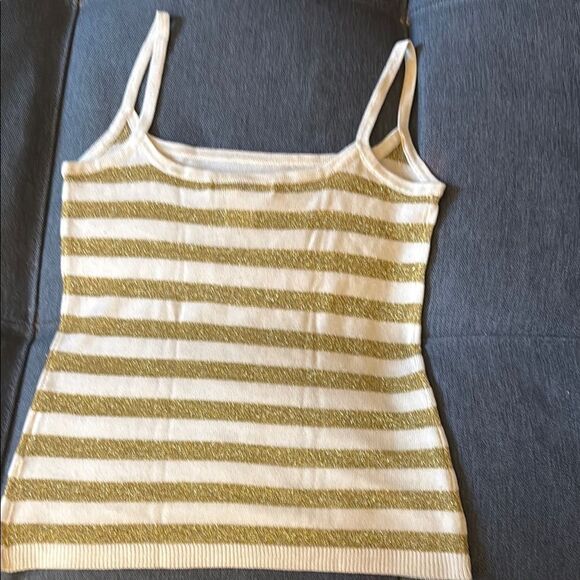 Cream and Gold Striped Knitted Tank Top with Scoop Neckline. - Picture 2 of 4